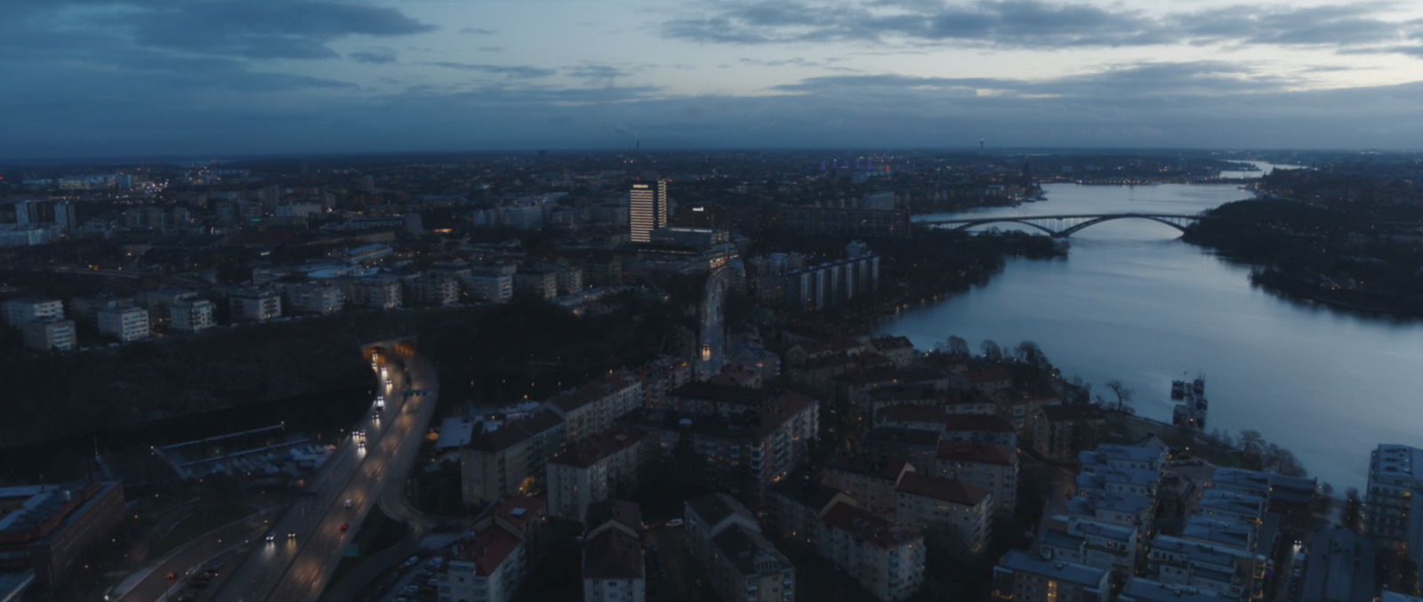 an aerial view of a city at night