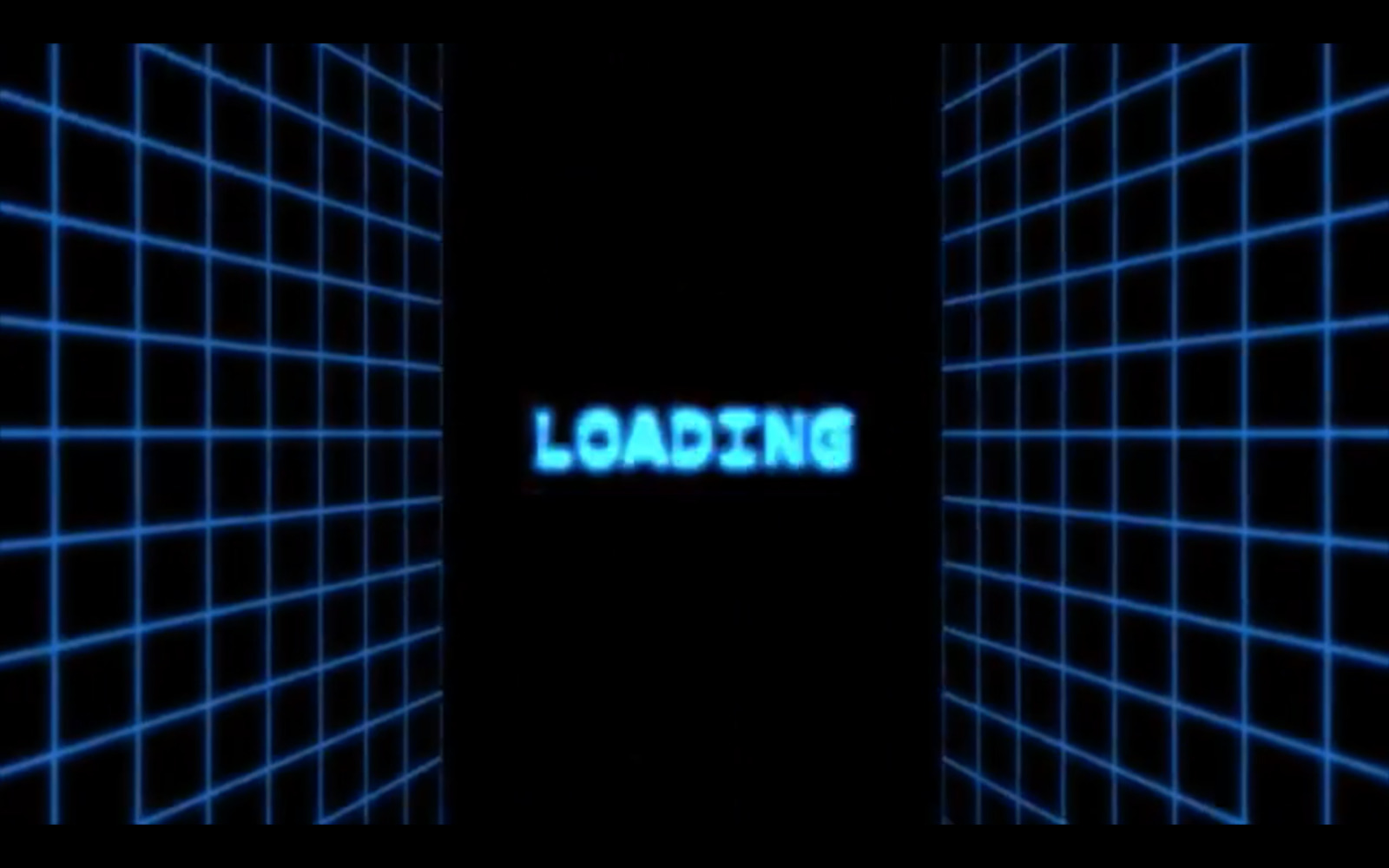 a dark room with blue squares and the word loading