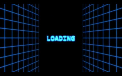 a dark room with blue squares and the word loading