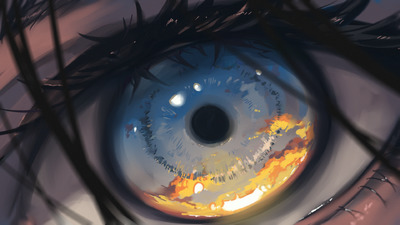 a close up of an eye with flames in the iris
