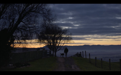 a person walking a dog down a dirt road