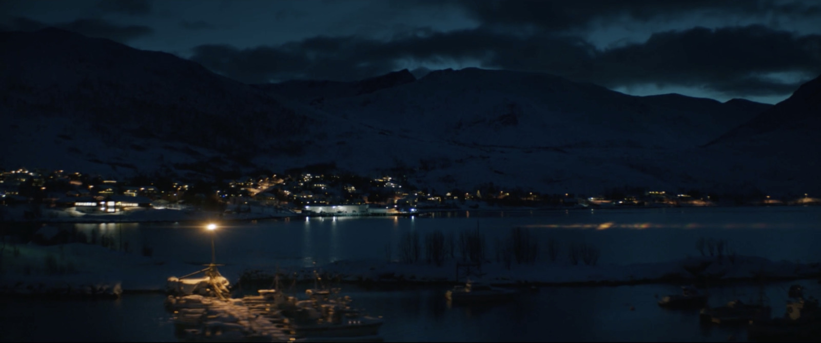 a night time view of a town and a lake