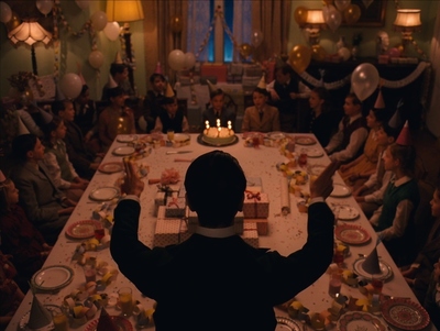 a person standing in front of a table with a cake on it