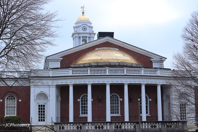 a red brick building with a gold dome on top