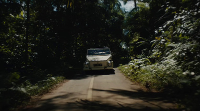 a white van driving down a tree lined road