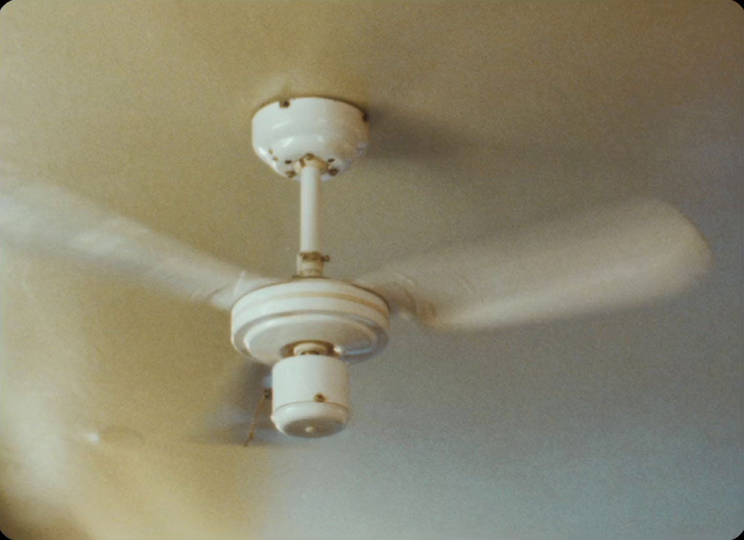 a white ceiling fan with a light on top of it