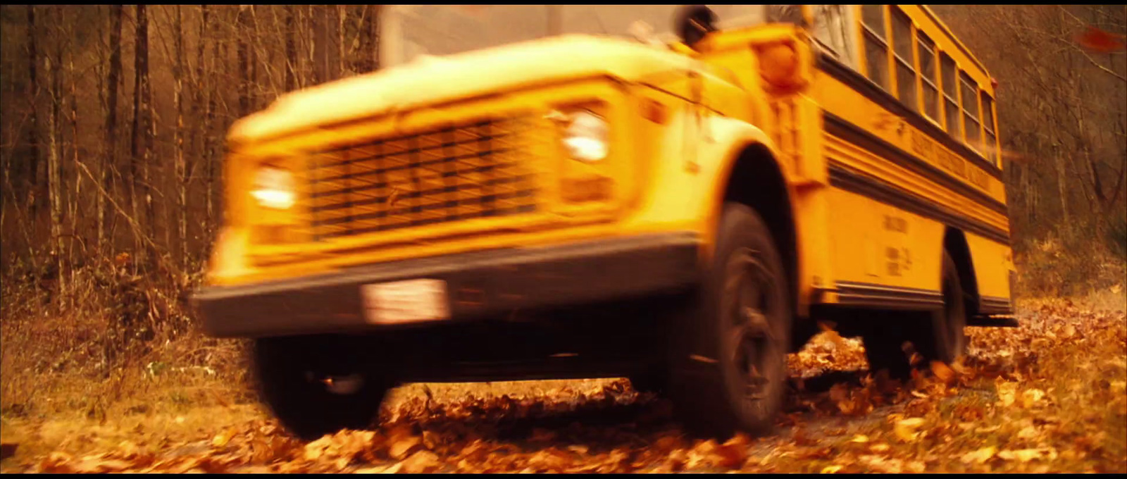 a yellow school bus driving down a leaf covered road