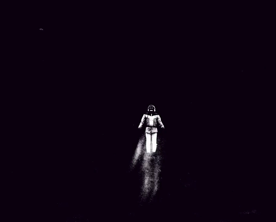 an astronaut walking through the dark space