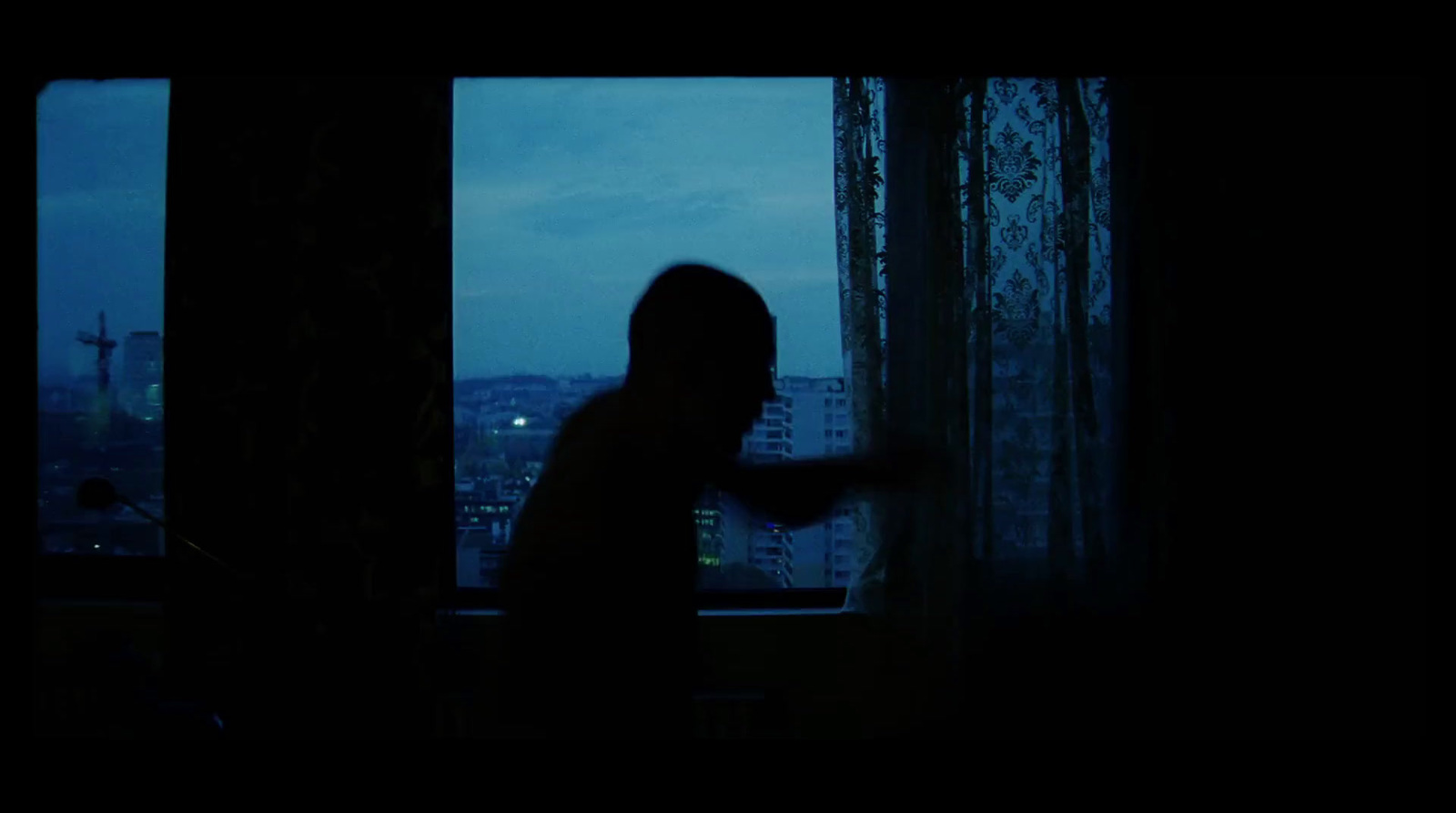 a person standing in front of a window at night