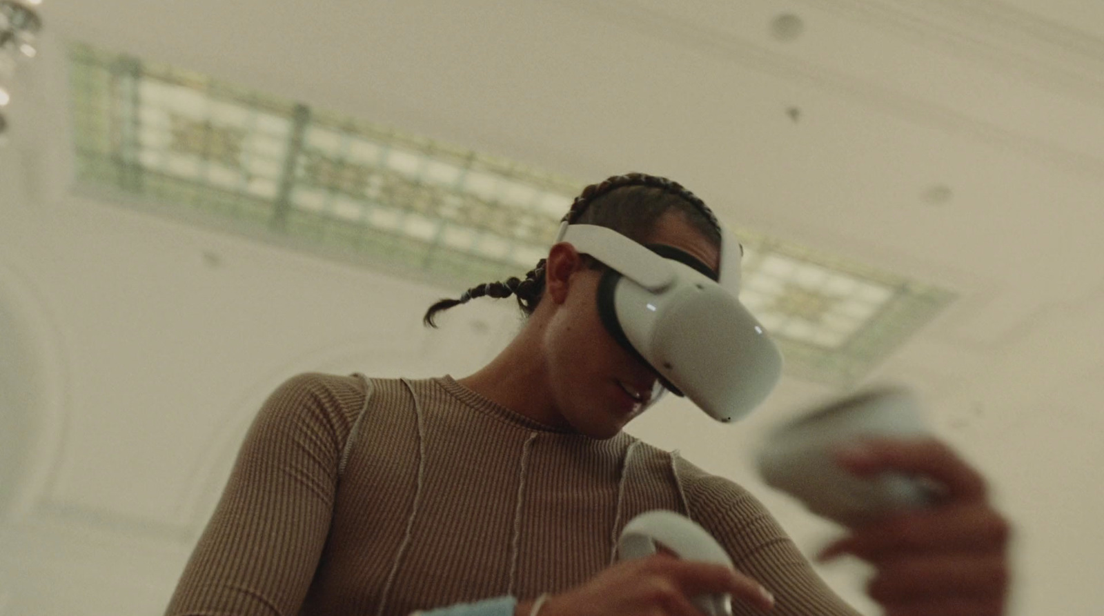 a woman wearing a virtual reality headset