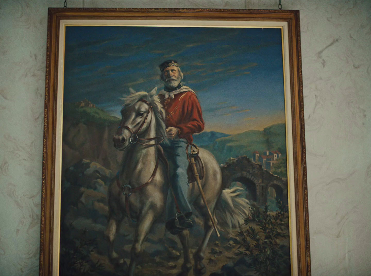 a painting of a man riding a white horse