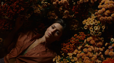 a woman laying in a bed of flowers