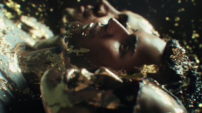 a close up of a woman's face covered in gold flakes