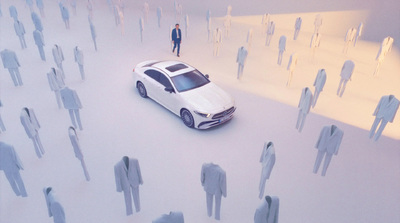 a white car parked in front of a group of people