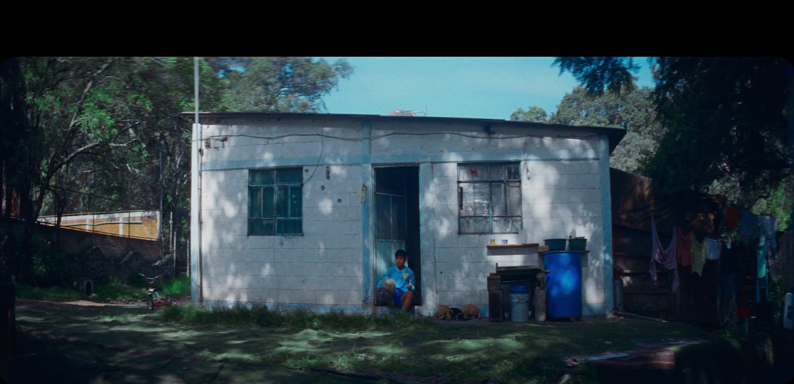 a person standing outside of a small building