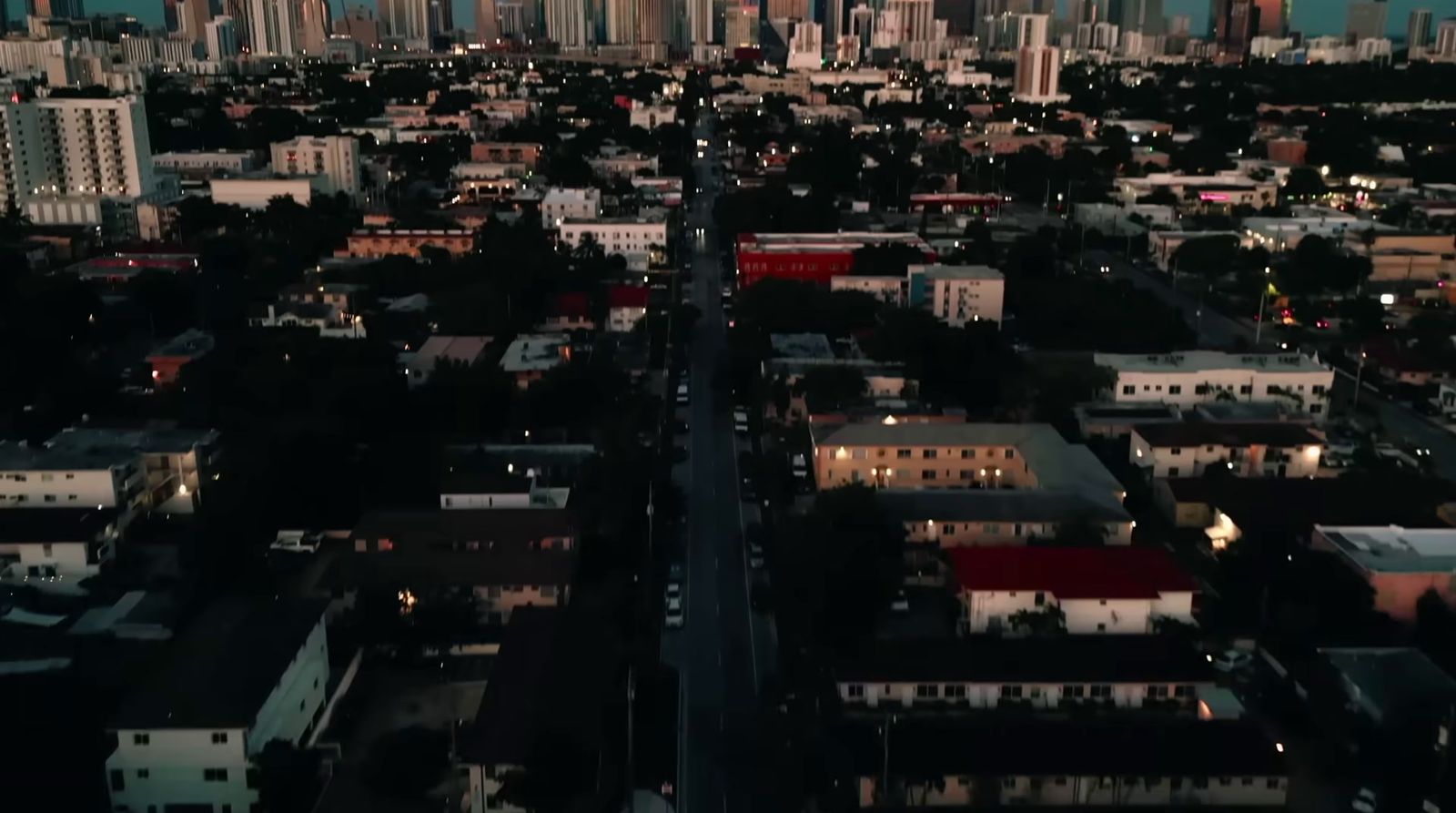 an aerial view of a city at night