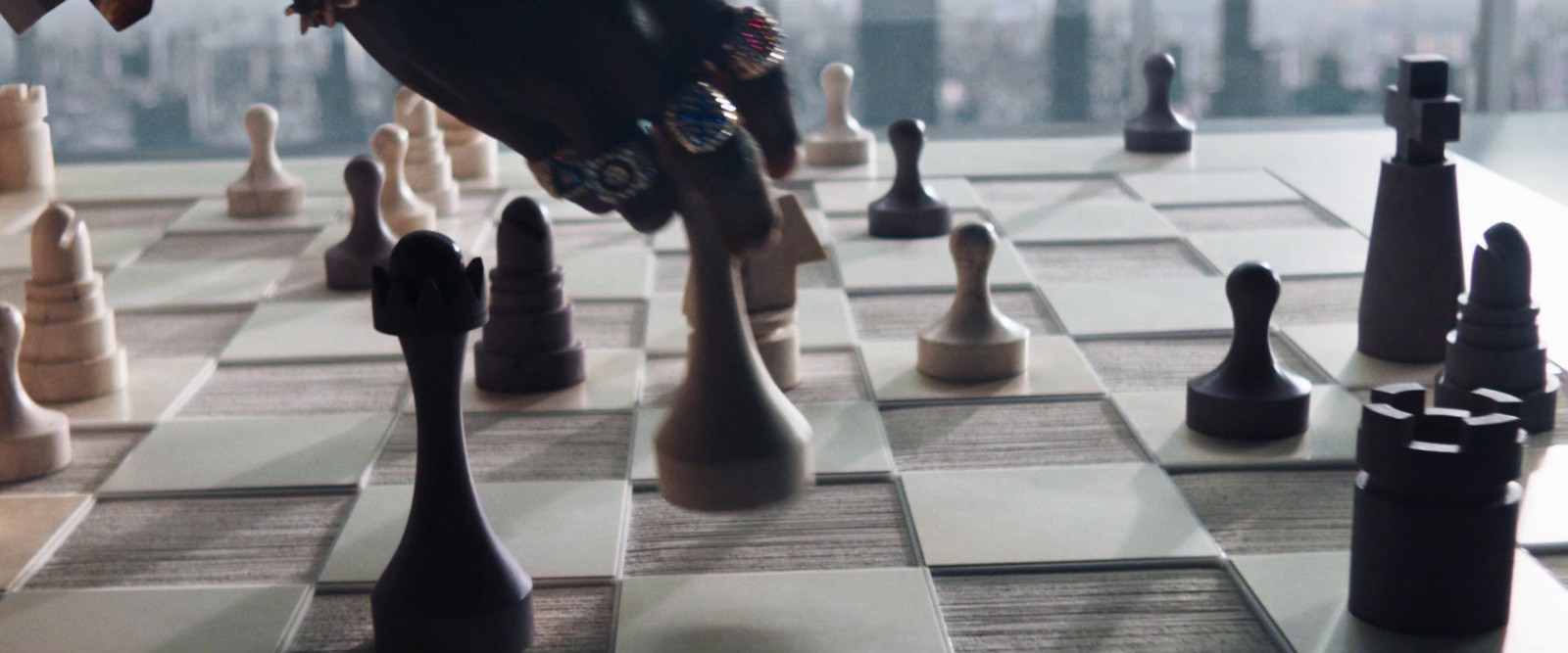 a giant chess board with chess pieces on it