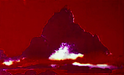 a red picture of a mountain with clouds in the sky