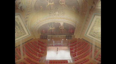 a person standing in a large auditorium with red chairs