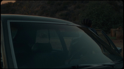 a dog sitting in the driver's seat of a car