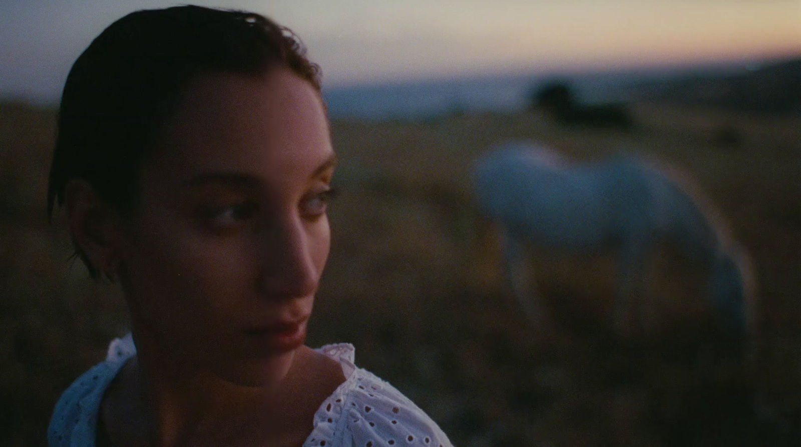 a woman standing in a field with a horse in the background