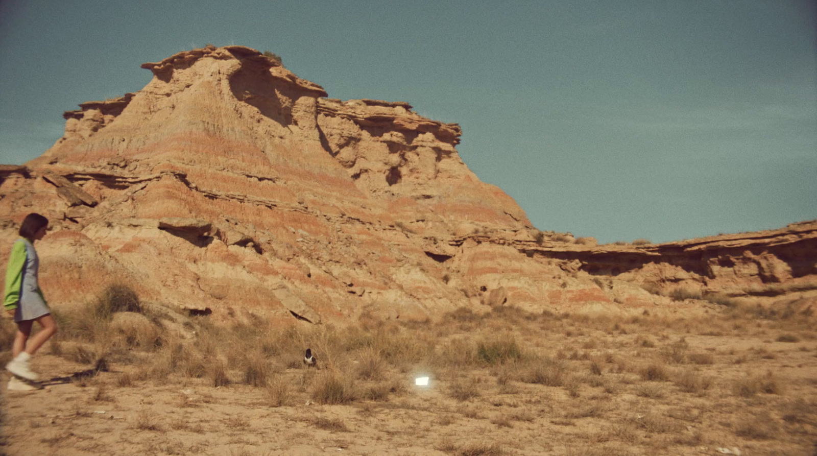 a man in a green shirt is playing frisbee in the desert