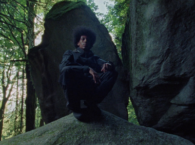 a man sitting on top of a rock in a forest