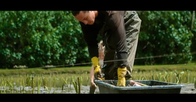 a man standing over a bucket filled with water