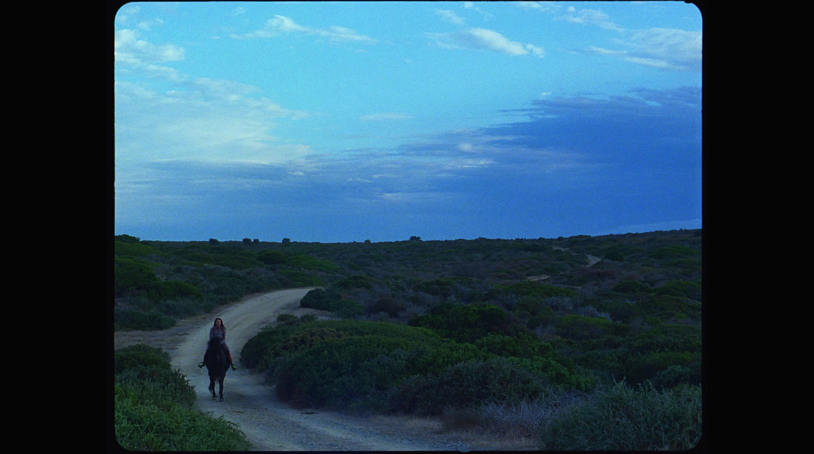 a person riding a horse down a dirt road