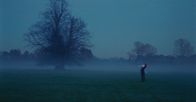 a person standing in a foggy field holding a kite