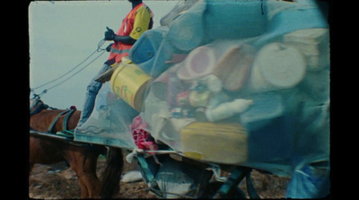 a horse pulling a cart full of plastic bottles