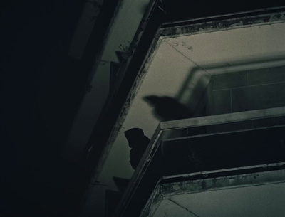 a black bird flying over a window in a dark room