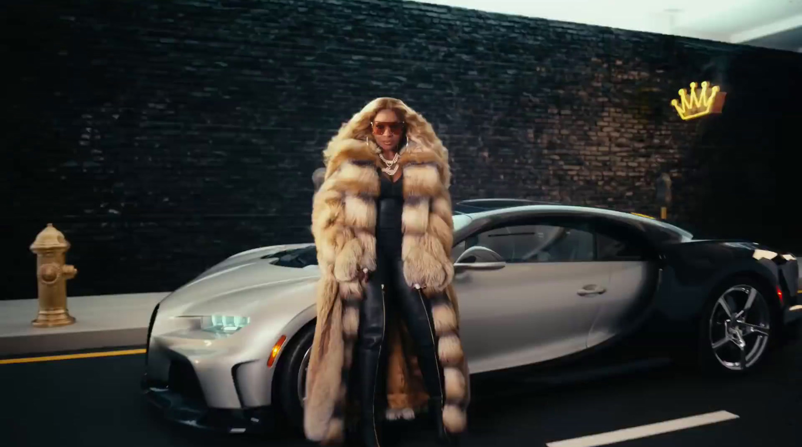 a woman in a fur coat standing next to a car