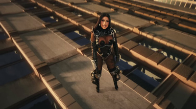 a woman in a futuristic suit standing in a stadium