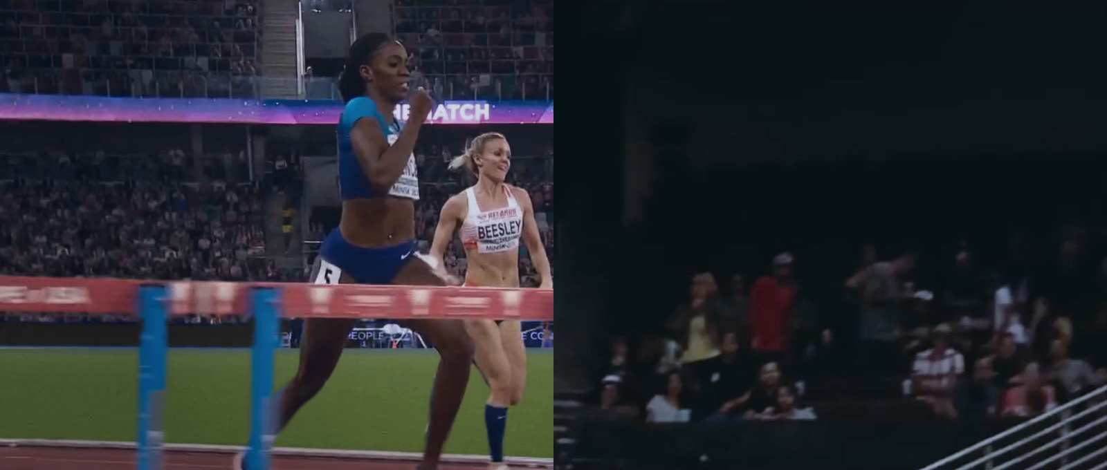 a woman jumping over a hurdle in a stadium