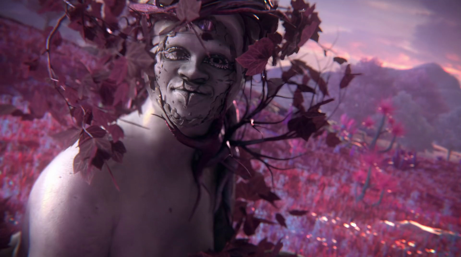 a man with a face painted like a demon standing in a field of flowers