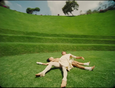 a couple of people laying on top of a lush green field