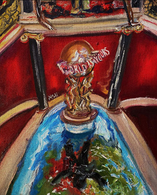 a painting of a trophy sitting on top of a table