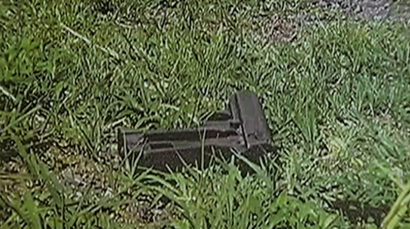 a black object laying on the ground in the grass