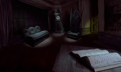 a dark room with a book and a clock