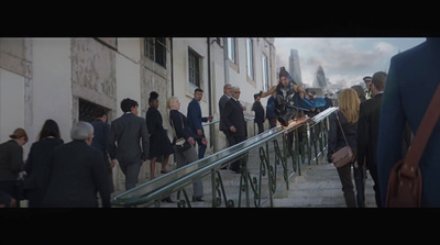 a group of people walking down a flight of stairs