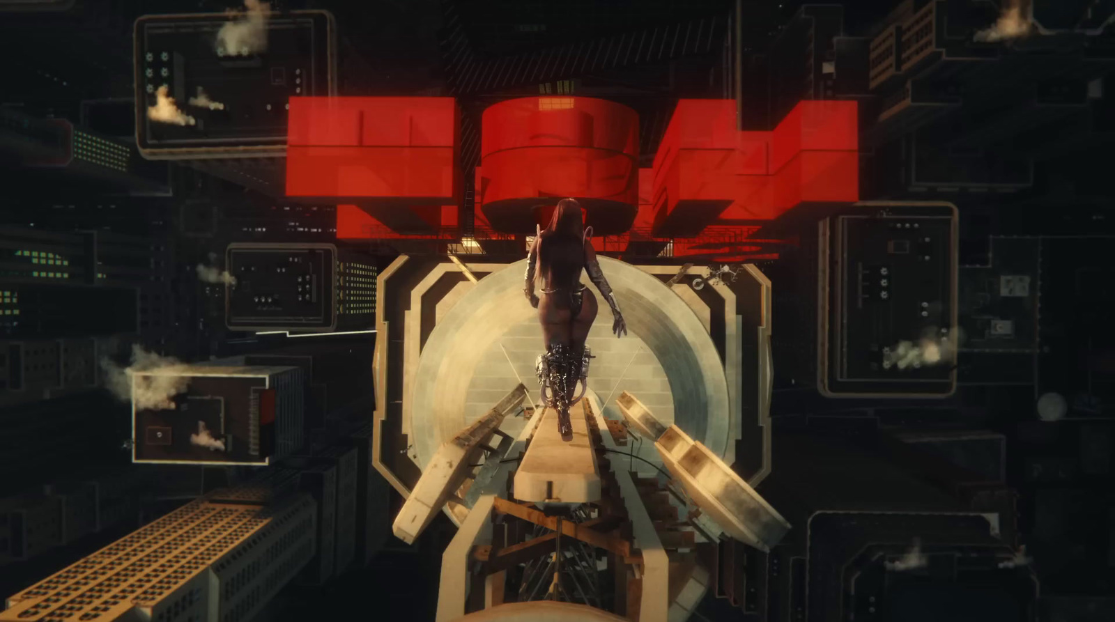 a woman standing on a platform in a futuristic space station