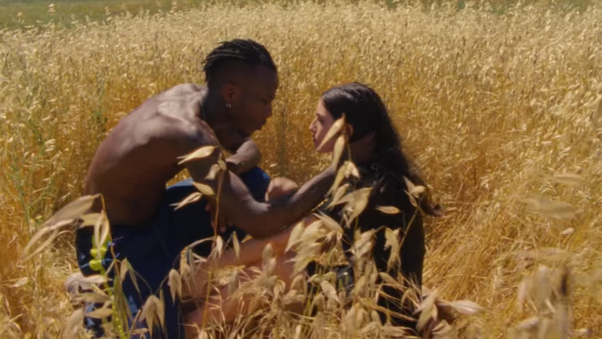 a man and a woman sitting in a field of tall grass