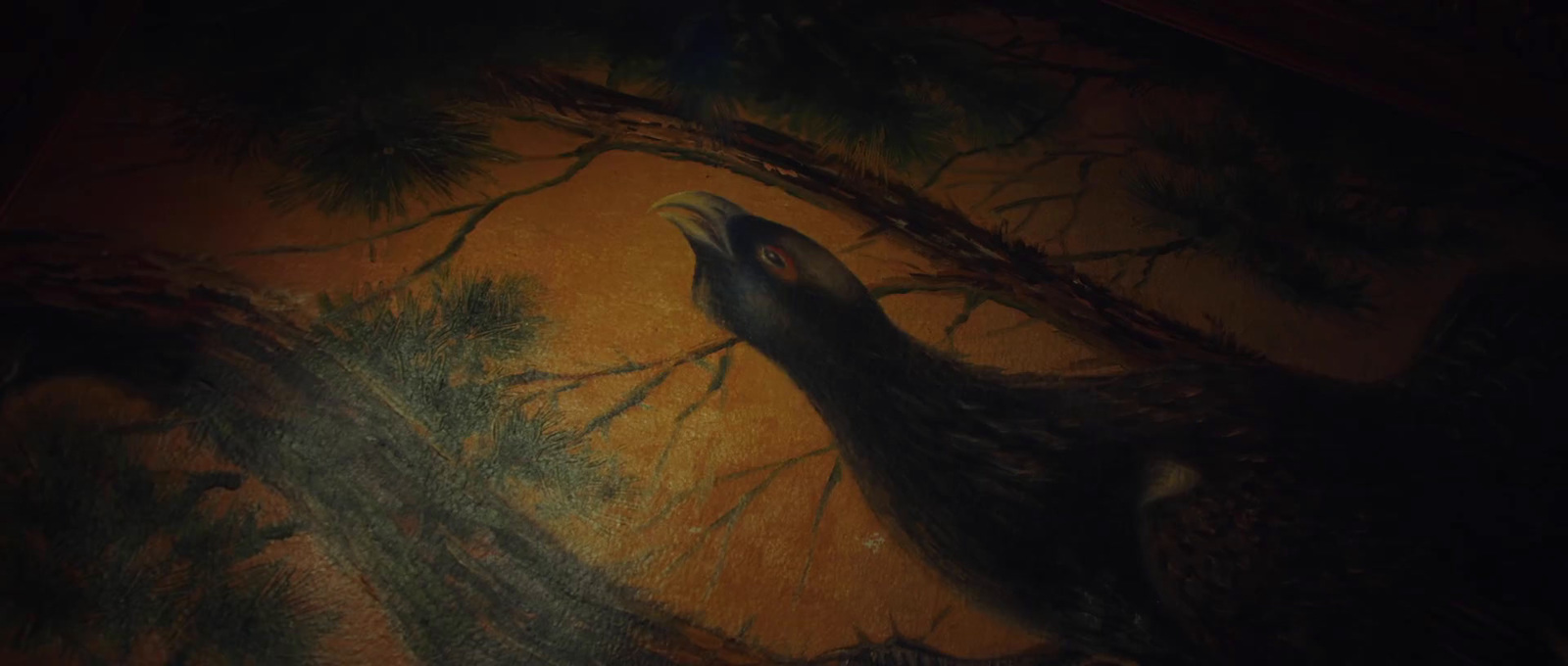 a painting of a bird in a forest