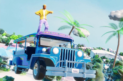 a man standing on top of a blue jeep