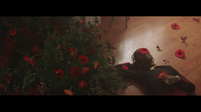 a woman laying on the floor next to a bunch of flowers