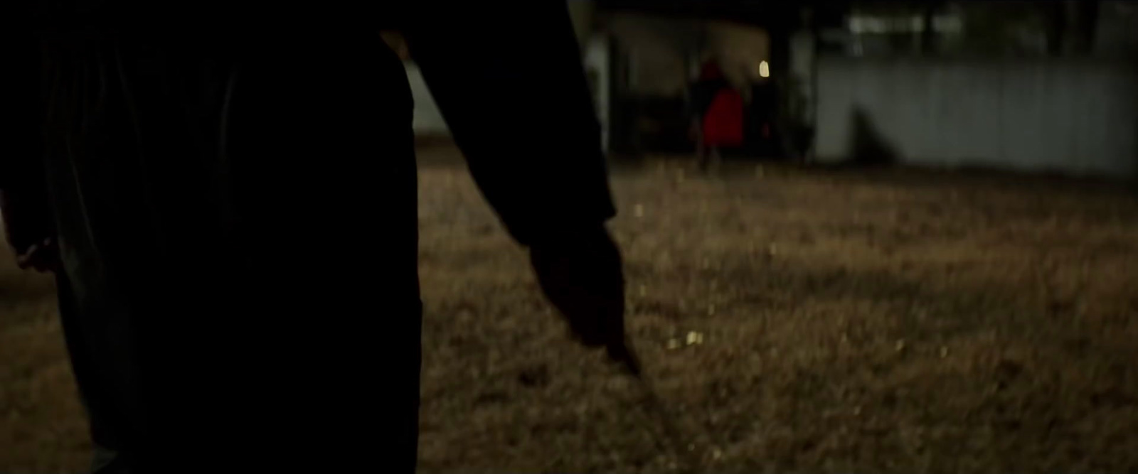 a person walking in a field at night