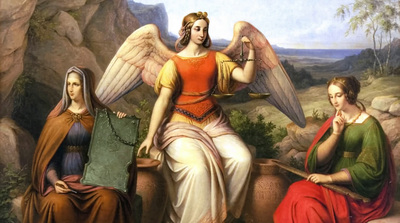 a painting of a woman with two angels