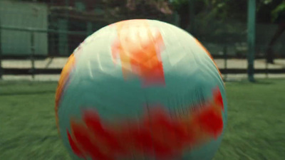 a large ball sitting on top of a lush green field