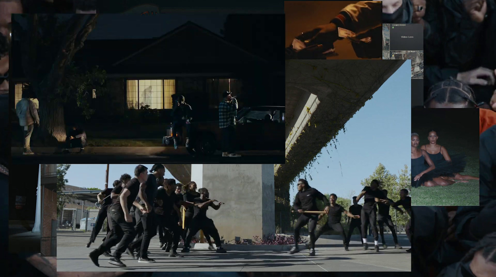 a collage of images of a group of people dancing